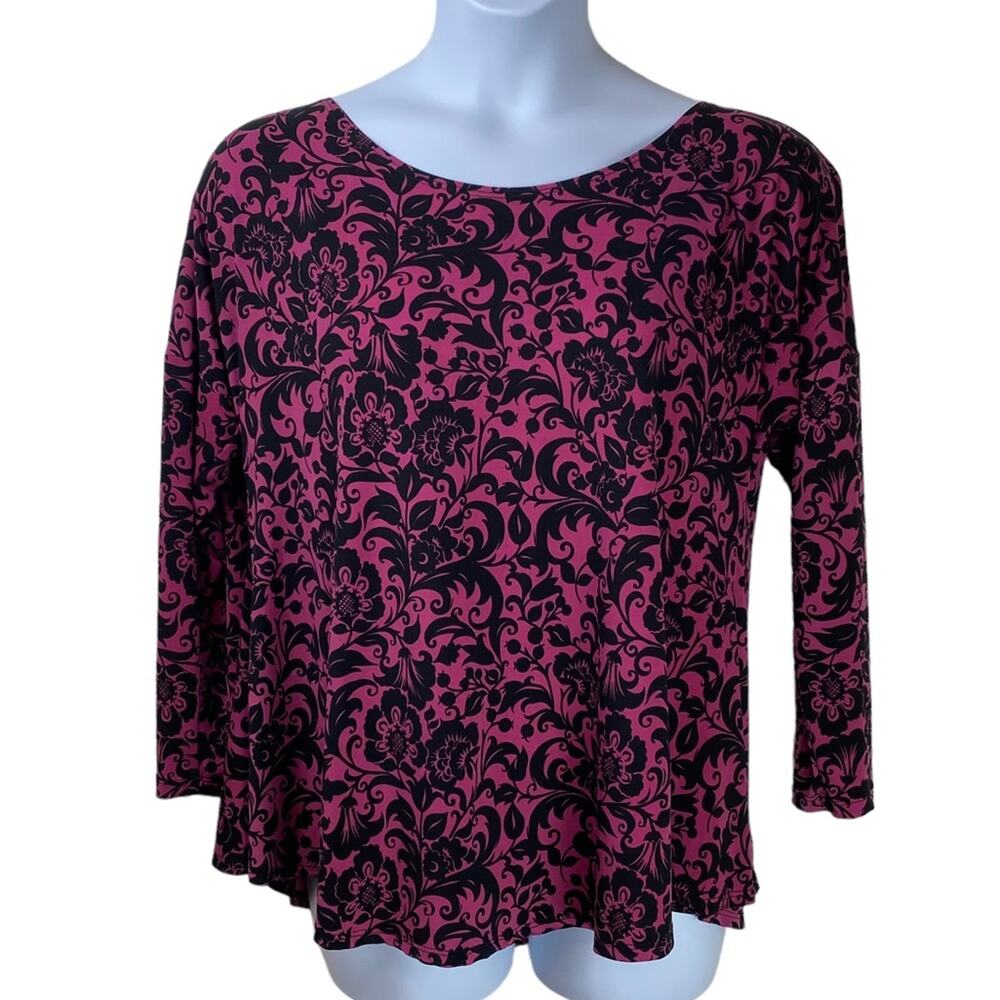 Lbisse Slinky Stretch Knit Floral Top Purple Black Size XL Made in USA